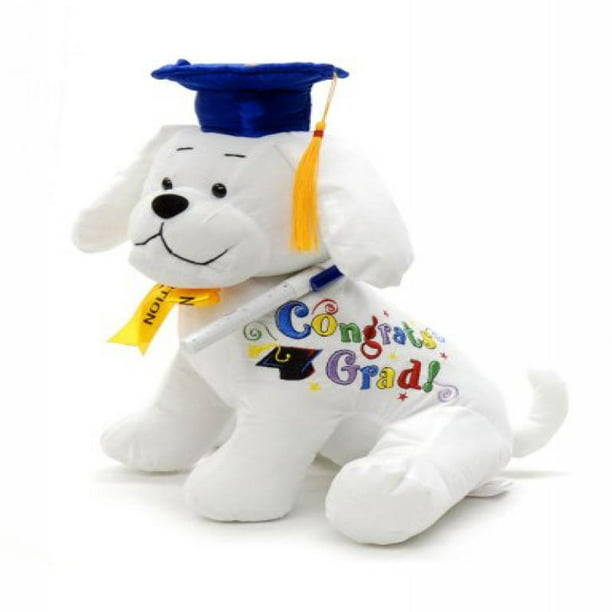Congrats Grad Blue Hat Graduation Autograph Stuffed Dog With Pen 10.5"